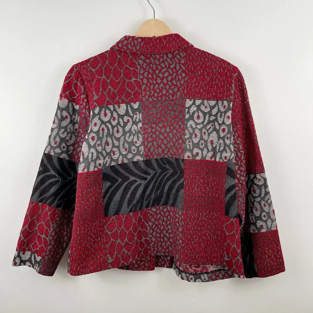 Vintage 90s Patchwork Tapestry Shacket Red Black Abstract Retro - Size MP